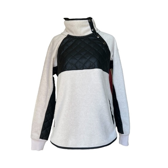 Abercrombie & Fitch - Asymmetrical Snap-Up Fleece White & Black Leather Sz Sm - Picture 2 of 6